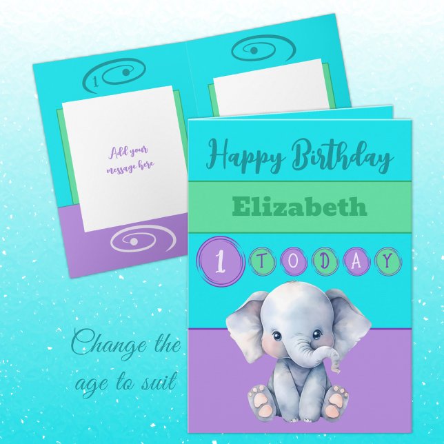 Tarjeta 1 cumpleaños añadir nombre chica lindo elefante mo (Subido por el creador)