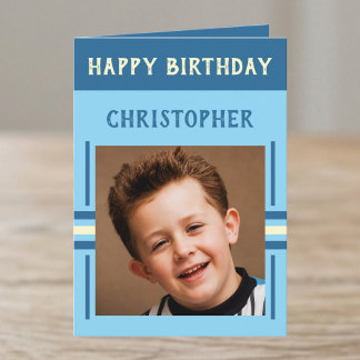Tarjeta 1 foto nombre personalizado cumpleaños azul