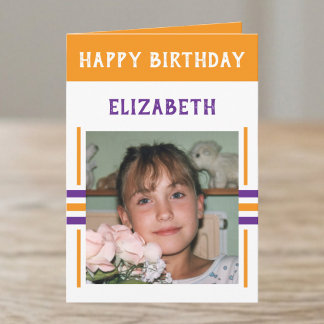 Tarjeta 1 foto nombre personalizado cumpleaños naranja