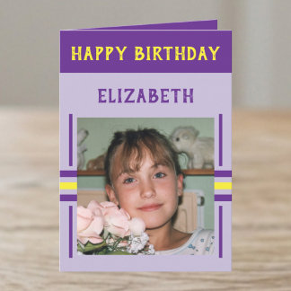 Tarjeta 1 foto nombre personalizado cumpleaños púrpura