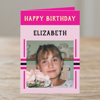 Tarjeta 1 foto nombre personalizado cumpleaños rosa