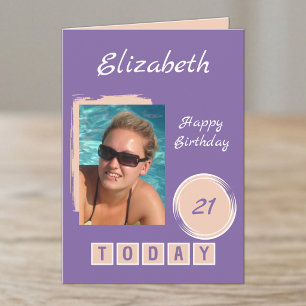 Tarjeta 1 nombre de foto melocotón púrpura cumpleaños 21