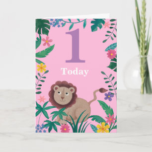 Tarjeta 1 sr León de la pequeña jungla floral de cumpleaño