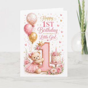 Tarjeta 1er Cumpleaños de Bebé Niña Teddy
