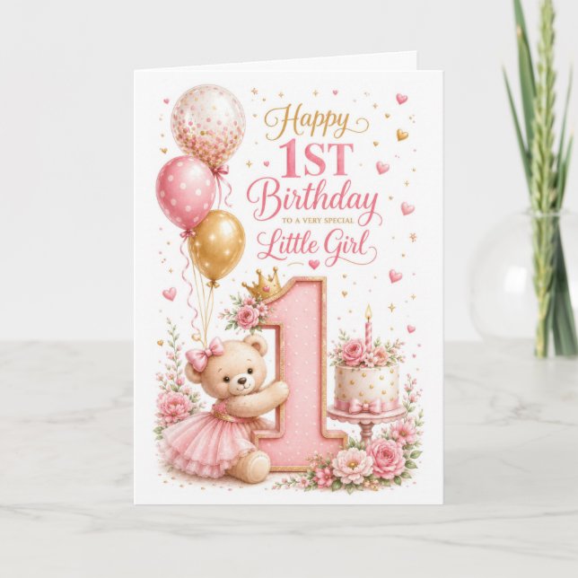 Tarjeta 1er Cumpleaños de Bebé Niña Teddy (Anverso)