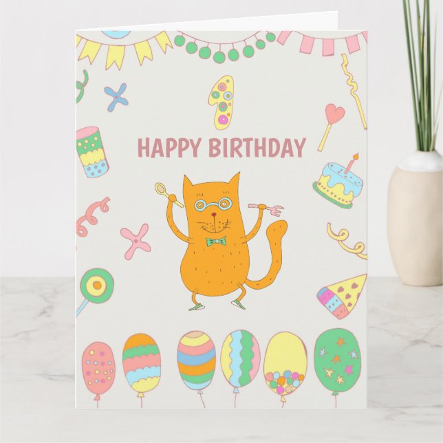 Tarjeta 1er cumpleaños. Globos y gato rojo. (Anverso)