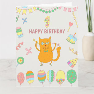 Tarjeta 1er cumpleaños. Globos y gato rojo.
