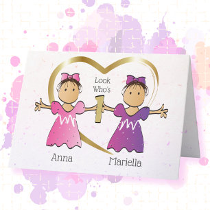 Tarjeta 1er Cumpleaños Niñas Gemelas Étnicas Dulce Persona