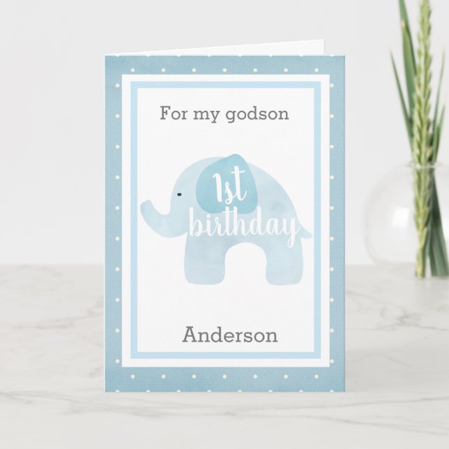 Tarjeta 1r ahijado del cumpleaños del elefante azul (Anverso)