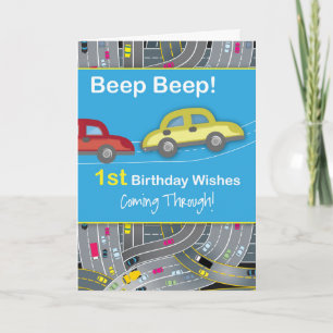 Tarjeta 1r Coches del muchacho del cumpleaños, azules