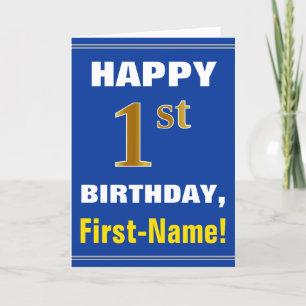 Tarjeta 1r cumpleaños del oro intrépido, azul, falso con