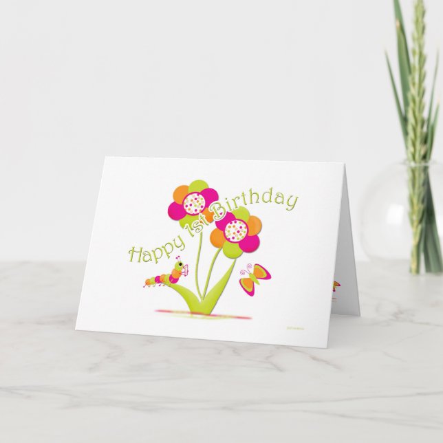 Tarjeta 1r cumpleaños feliz Caterpiller - mariposa (Anverso)