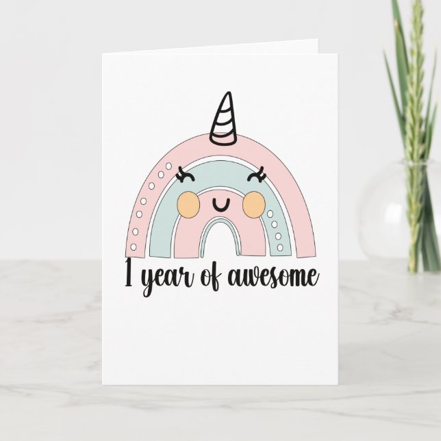 Tarjeta 1st Birthday Boho Rainbow 1 Year Old Unicorn (Anverso)