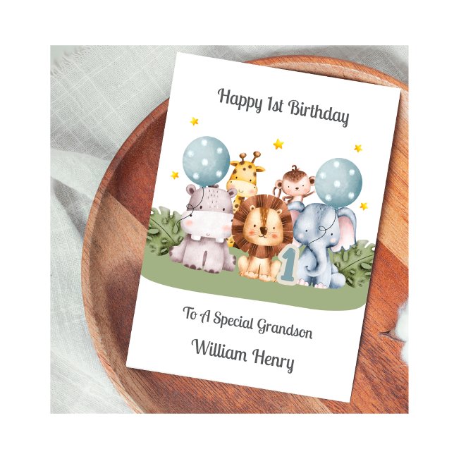 Tarjeta 1st Birthday Boy Safari Leaf Animals Card (Subido por el creador)