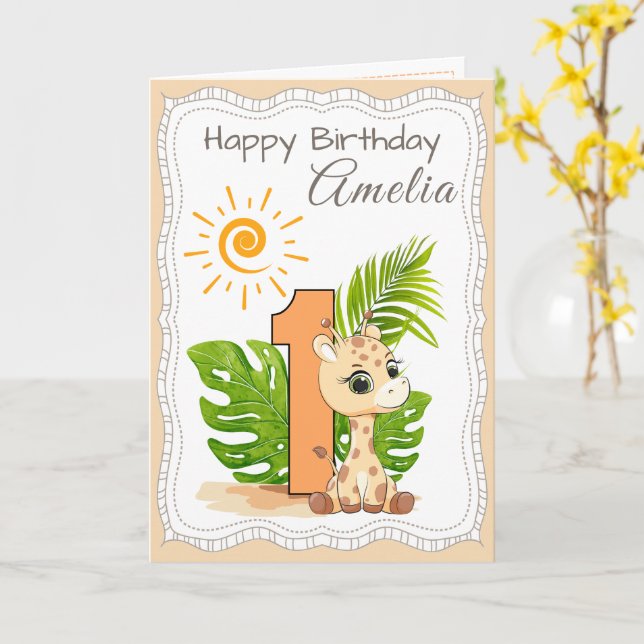 Tarjeta 1st Birthday Watercolor Animals Card (flor amarilla)