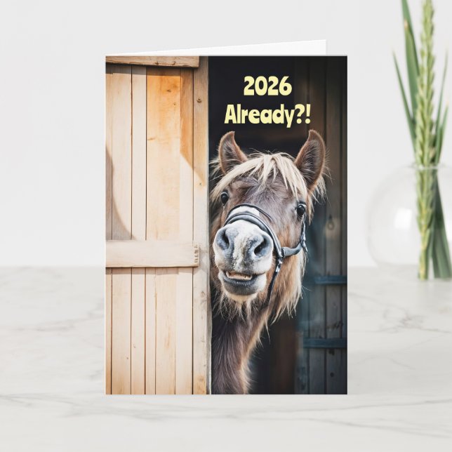 Tarjeta 2025 Happy New Year Cute Fuzzy Pony Horse Barn (Anverso)