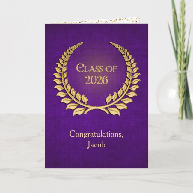 Tarjeta 2026 Gold Graduation Laurel Wreath On Purple (Anverso)
