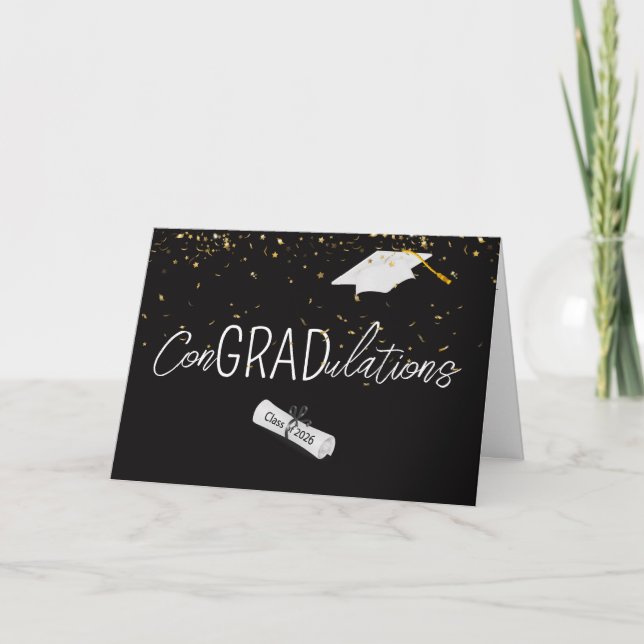 Tarjeta 2026 Graduation Gold Confetti and Cap (Anverso)