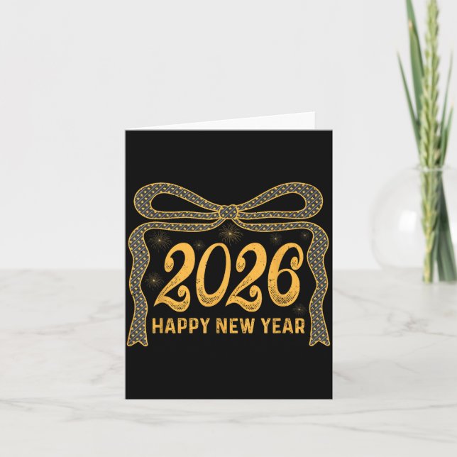 Tarjeta 2026 Happy New Year Bow Fireworks Celebration Desi (Anverso)