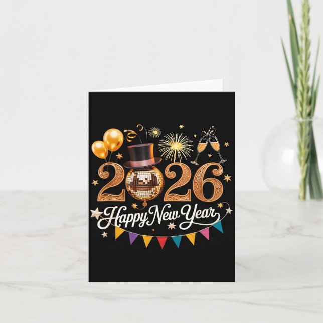 Tarjeta 2026 New Year Celebration Disco Ball Gold Festivit (Anverso)