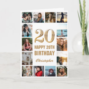 Tarjeta 20.º Collage de fotos blanco y oro feliz cumpleaño