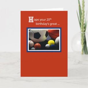 Tarjeta 20.º cumpleaños de todos los deportes, bolas, rojo