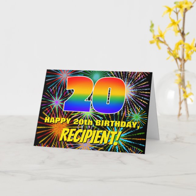 Tarjeta 20.º cumpleaños: Fuegos artificiales divertidos y  (flor amarilla)