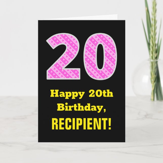 Tarjeta 20.º cumpleaños: Rayas rosas y corazones "20" + no (Anverso)