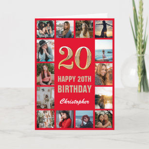 Tarjeta 20.º feliz cumpleaños Collage de fotos rojo y oro