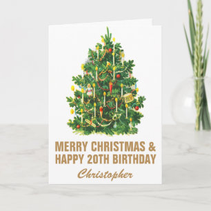 Tarjeta 20.º Feliz Cumpleaños y Feliz Árbol de Navidad