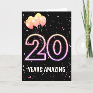 Tarjeta 20.º natalicio de globos y confetti