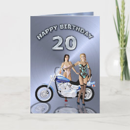 Tarjeta 20 años con chicas y una motocicleta
