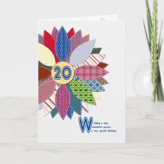 Tarjeta 20 años, cosidos cumpleaños de la flor (Anverso)