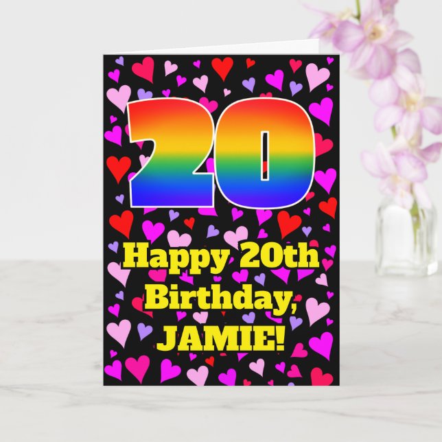 Tarjeta 20th Birthday: Loving Hearts Pattern, Rainbow # 20 (Orquídea)