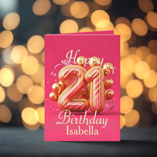 Tarjeta 21º cumpleaños rosado y dorado con acentos desconc