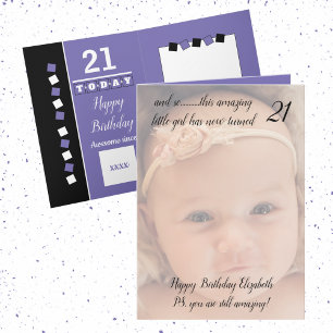 Tarjeta 21.ª aún asombrosa foto de cumpleaños morado y neg