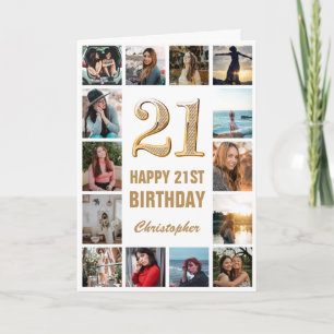Tarjeta 21.ᵉʳ Feliz Cumpleaños Oro y Collage de fotos Blan