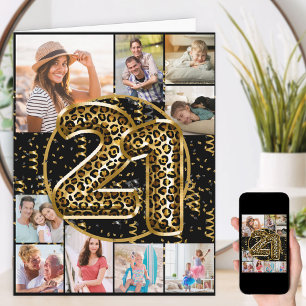 Tarjeta 21.ᵉʳ Leopard Print Gold Balloons Photo