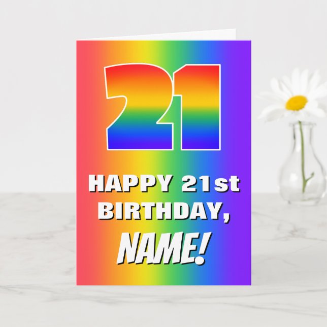 Tarjeta 21 Aniversario: Colorido, divertido patrón arcoiri (Planta pequeña)