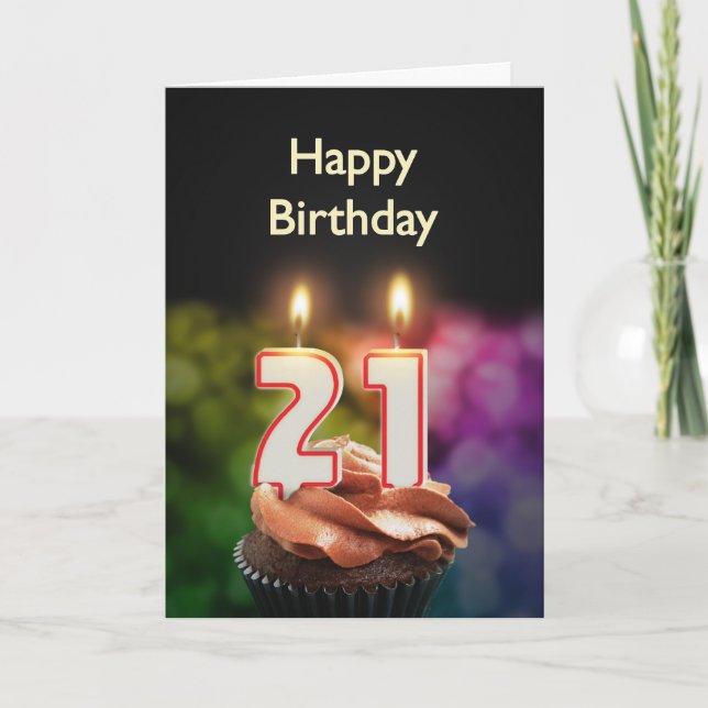 Tarjeta 21 Aniversario con torta y velas (Anverso)