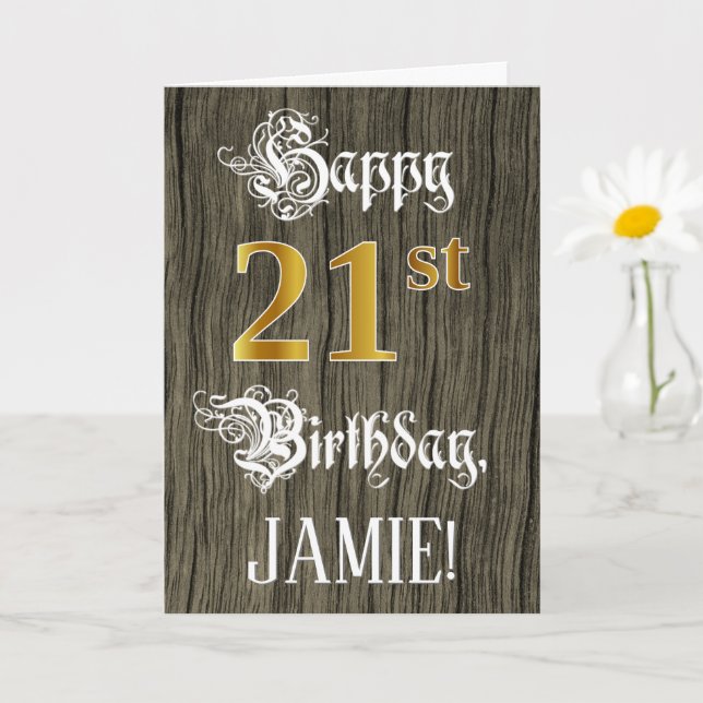 Tarjeta 21 Aniversario: Faux Gold Look + Faux Wood Pattern (Planta pequeña)
