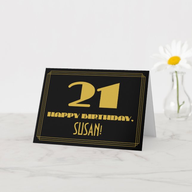 Tarjeta 21 Aniversario: Nombre + Art Deco Inspirado Aspect (Planta pequeña)