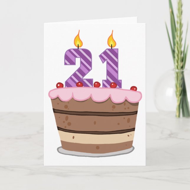 Tarjeta 21 años en el pastel de cumpleaños (Anverso)