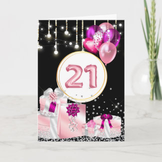 Tarjeta 21 celebración globos purpurinas negros morados