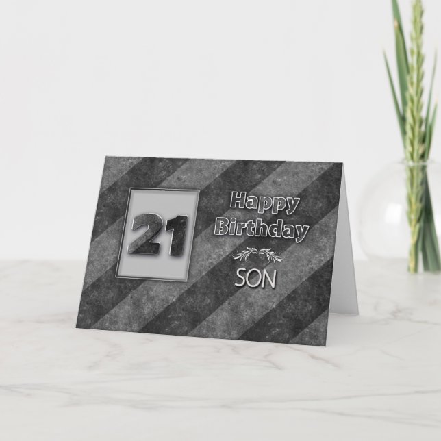 Tarjeta 21 CUMPLEAÑOS, hijo, tiras grises (Anverso)