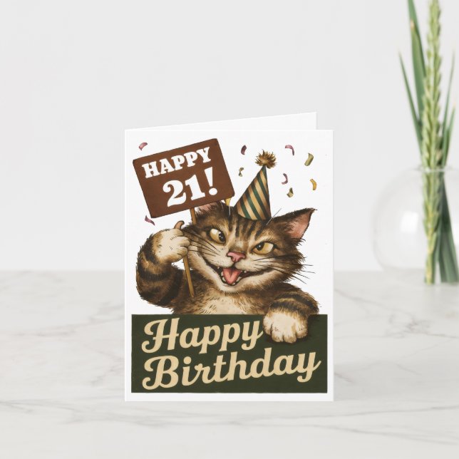 Tarjeta 21 cumpleaños lindo gato divertido vintage (Anverso)