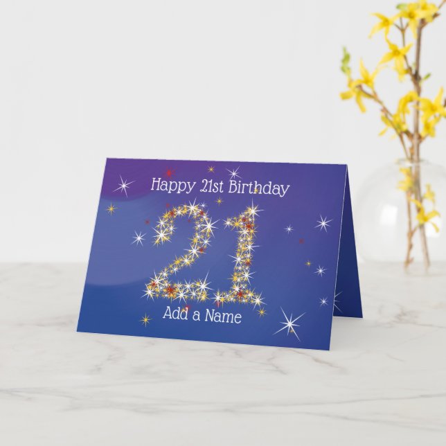 Tarjeta 21° cumpleaños - Números de estrella - Azul - Tarj (flor amarilla)