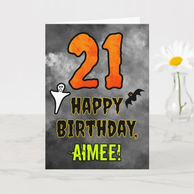 Tarjeta 21 cumpleaños: Tema de Eerie Halloween + nombre pe (Planta pequeña)