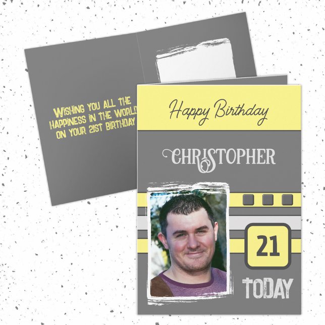 Tarjeta 21 hoy añada una foto para él amarillo gris cumple (Subido por el creador)