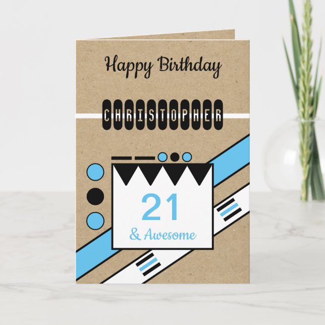 Tarjeta 21 y asombroso azul negro 21 cumpleaños rústico (Anverso)